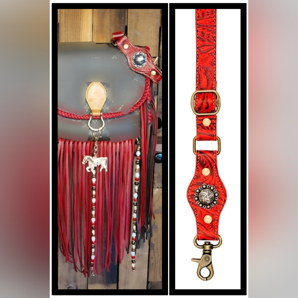 Red Patterned Leather Strap with Brass Accents